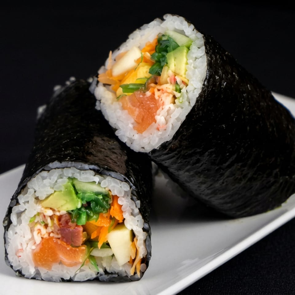 Two seaweed-wrapped sushi rolls with salmon, avocado, vegetables, and rice displayed on a white rectangular plate.