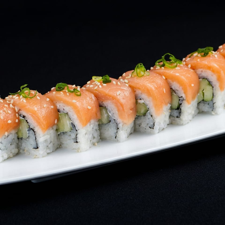 Row of salmon-topped sushi rolls with cucumber, sesame seeds, and green onions on a white rectangular plate.