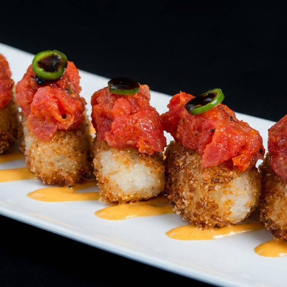 Five breaded croquettes topped with bright red relish and jalapeño slices, arranged on a white plate with orange sauce.